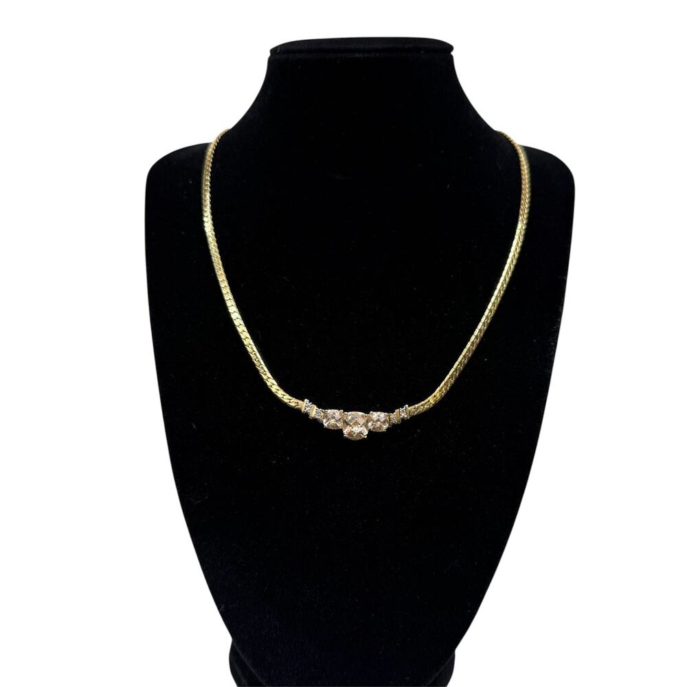 Gold Tone Herringbone Chain Necklace Clear Champagne Glass Stone Bar Pendant 18"